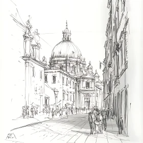 Sketch of Historical Building with Dome and Urban Street