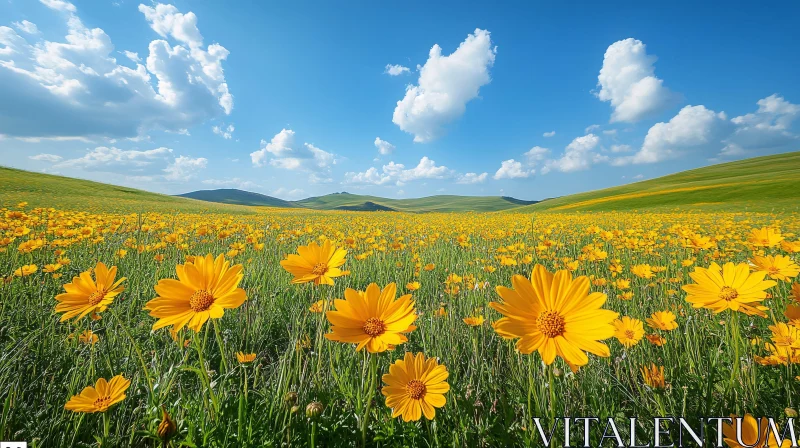 Yellow Flowers Field, Blue Sky and Clouds AI Image