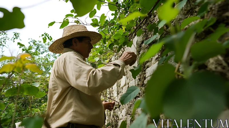 Man tending vines on stone wall AI Image