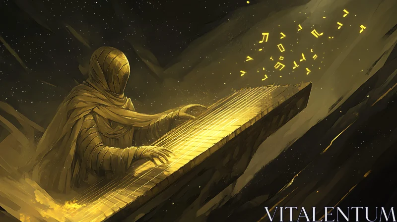 Cloaked Figure Playing Golden Instrument AI Image