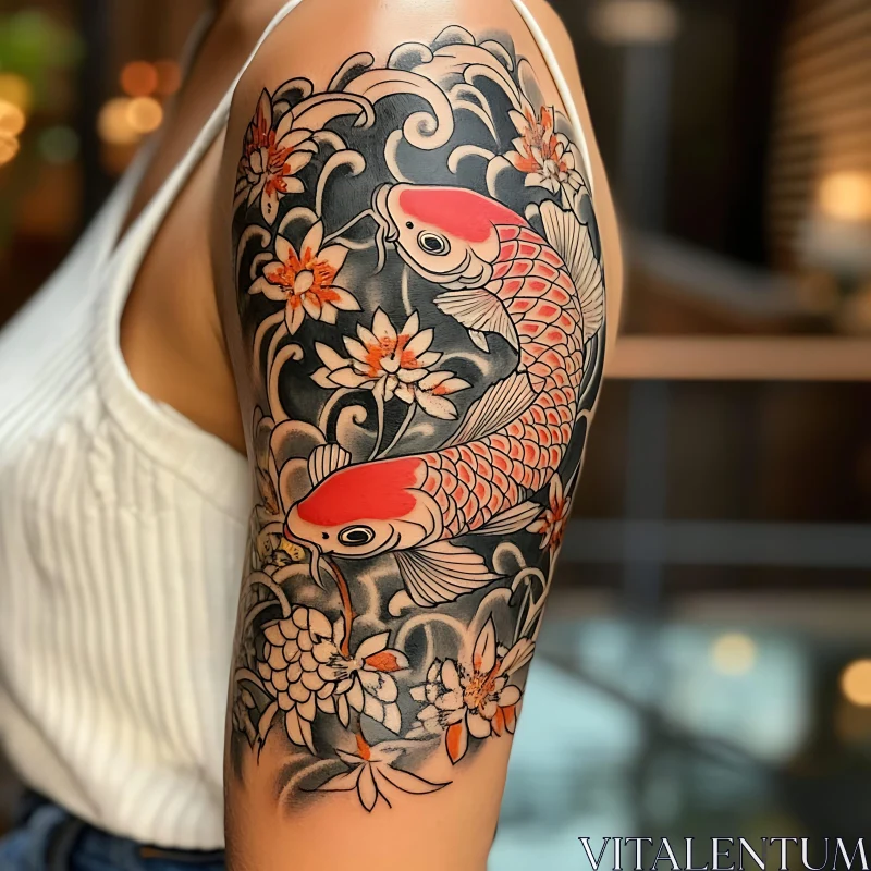 Detailed Koi Fish Tattoo with Floral Elements AI Image