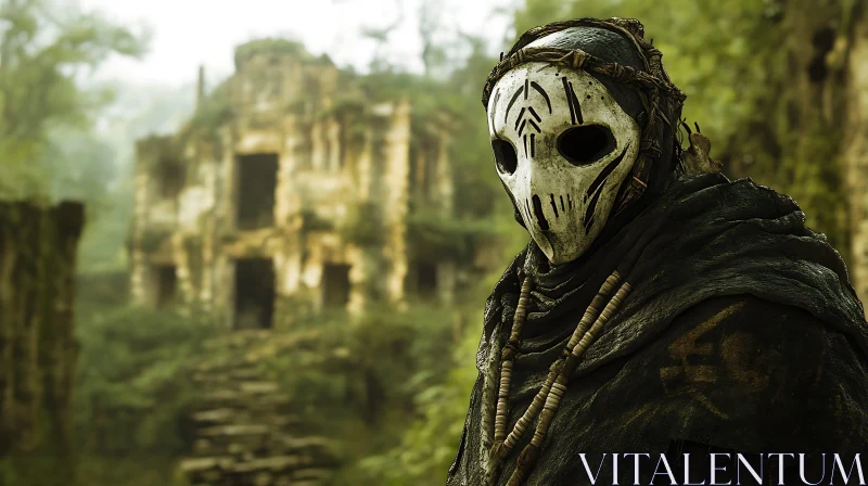 AI ART Masked Figure in Overgrown Ruins