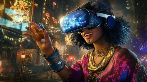 Woman Experiencing VR in Futuristic City