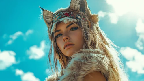 Fur Headdress Portrait with Blue Sky