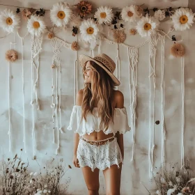 Smiling Woman in Boho Style Outfit