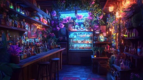 Floral and Neon Bar Interior