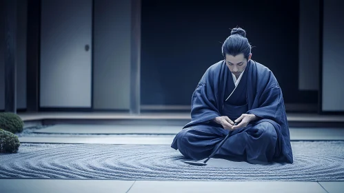 Meditative Man in Zen Garden