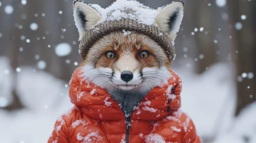 Winter Fox in Red Puffer Jacket