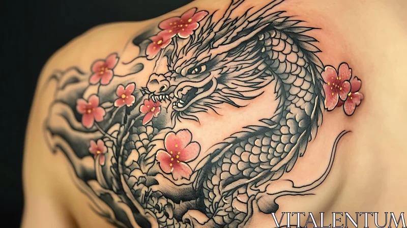 Intricate Dragon Tattoo with Cherry Blossoms AI Image