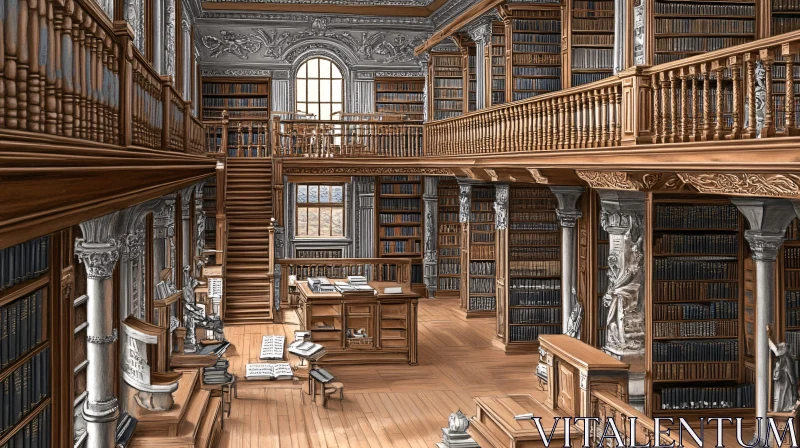 AI ART Vintage Library with Books and Wooden Decor