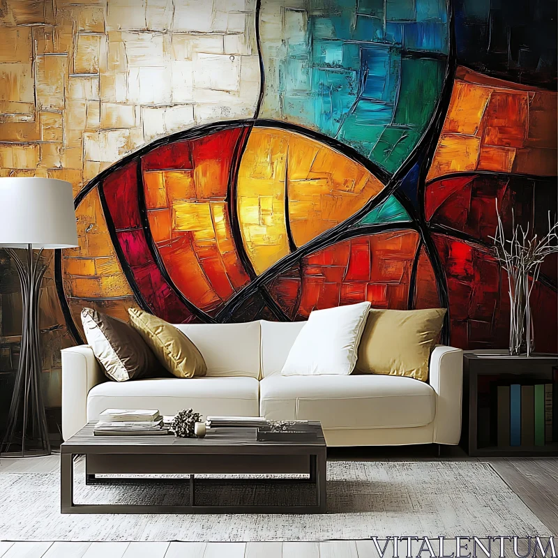 Contemporary Interior featuring Colorful Abstract Art AI Image