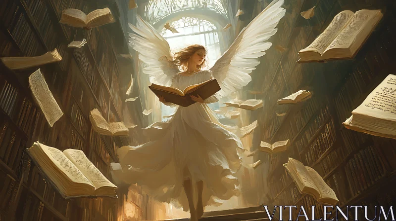 AI ART Ethereal Angel Reading in Dreamy Library