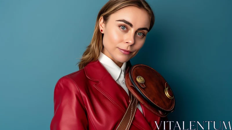Captivating Portrait of a Young Woman in a Red Leather Jacket AI Image