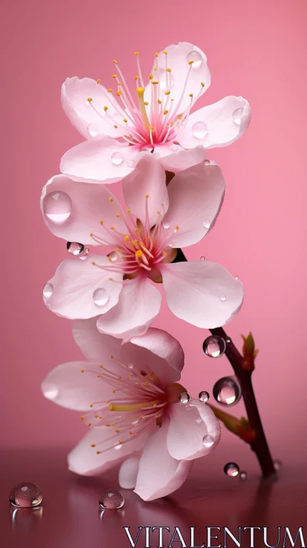 Cherry Blossom Inspired Pink Flowers with Water Droplets AI Image