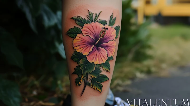 Colorful Hibiscus Tattoo on Leg AI Image