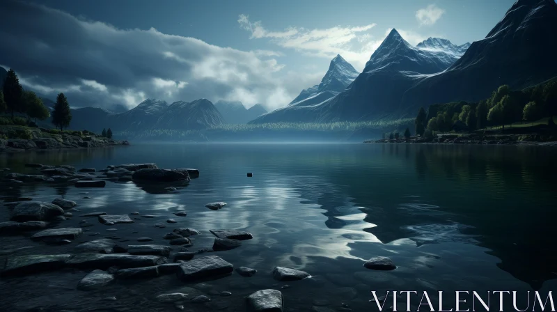 Dark and Moody Mountain Landscape with Lake | Unreal Engine Rendering AI Image