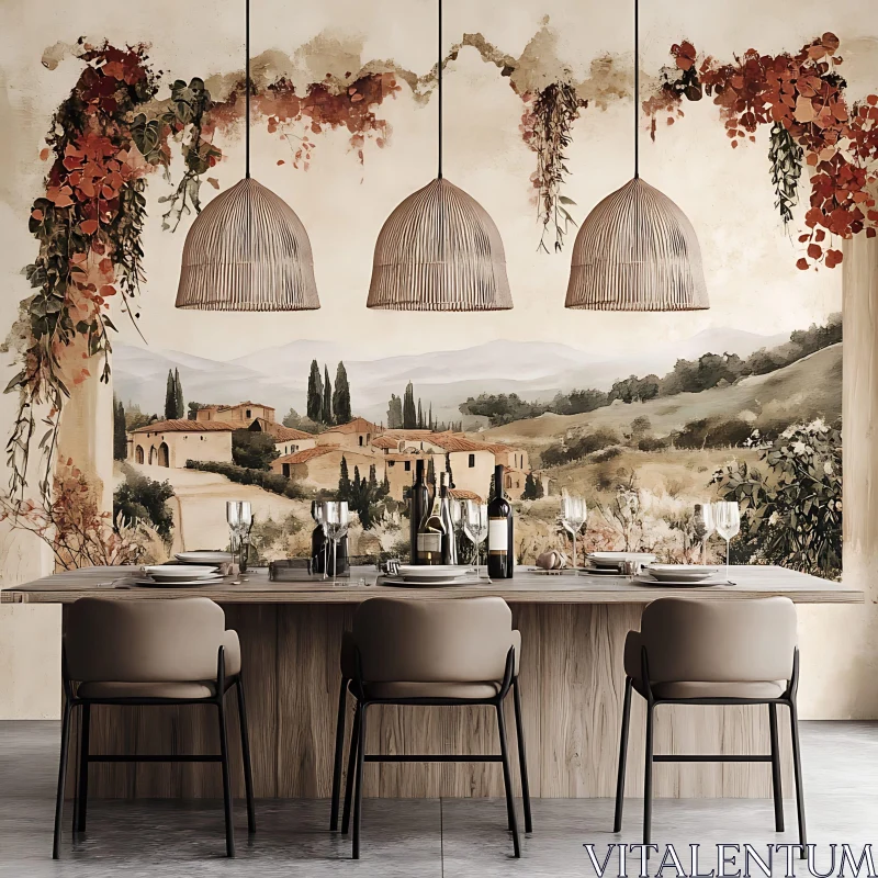 Charming Interior with Landscape Mural and Table AI Image