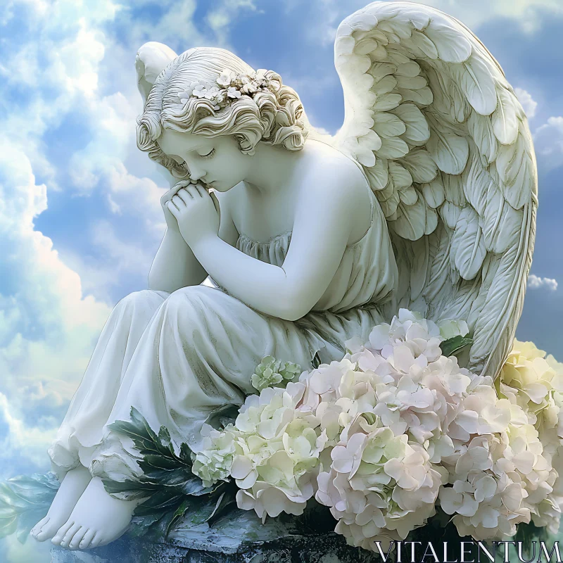 AI ART Peaceful Angel Statue with Floral Arrangement