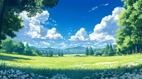 Scenic Meadow Landscape with White Clouds