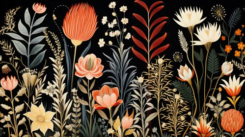 Floral Field Illustration in Golden Age Style against Black Background