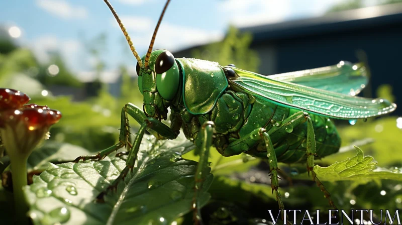 Grasshopper on Leaf: A Detailed Close-up in Natural Setting AI Image