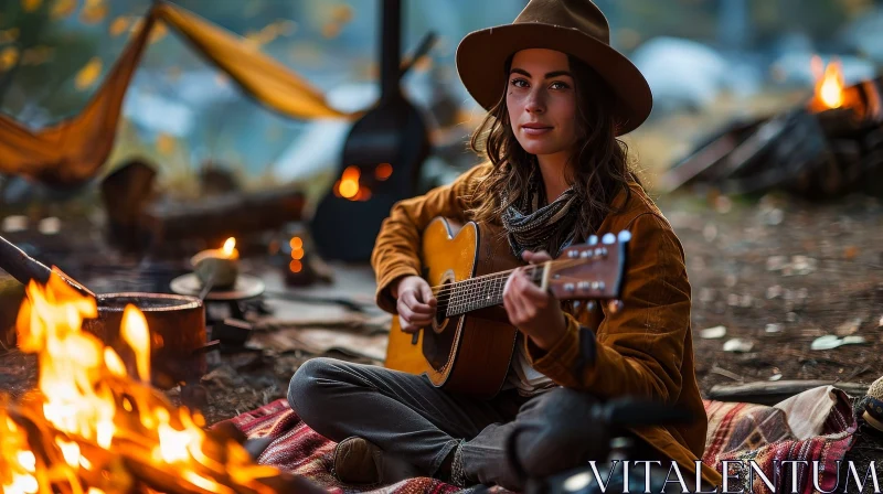 Joyful Woman Playing Guitar by the Campfire AI Image