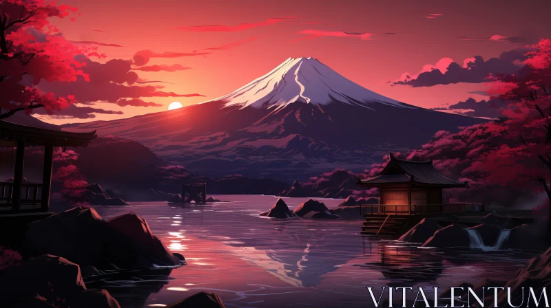 Romantic Japanese Landscape: Tranquil Mountains and Coast Scene AI Image