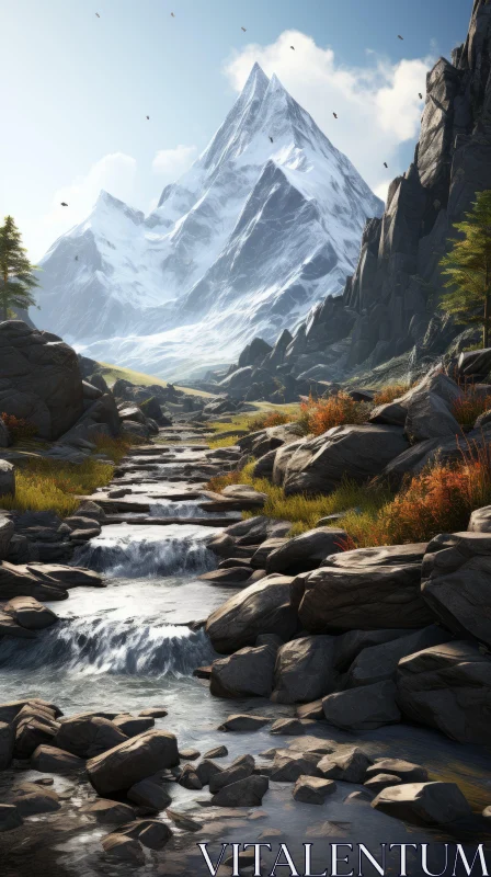 Serene River in Majestic Mountains - Concept Art AI Image