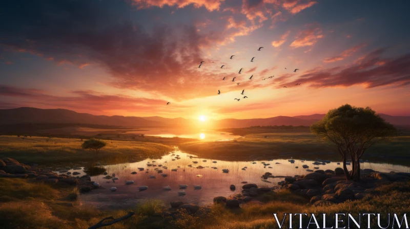 Tranquil Sunset Over Lake with Soaring Birds - A Celebration of Nature AI Image