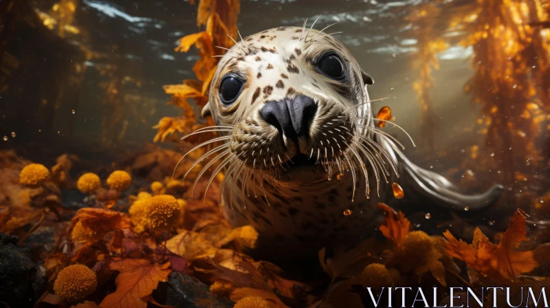 Underwater Journey: Young Seal Amidst Orange Leaves AI Image