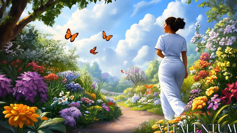 Serene Garden Walk with Butterflies AI Image