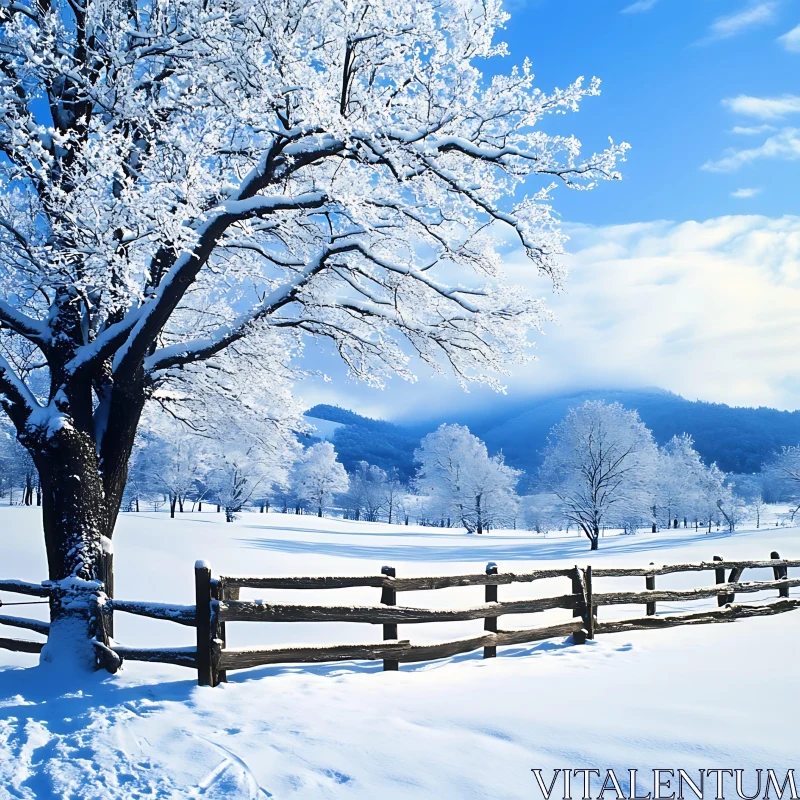 AI ART Snowy Trees and Fence in Winter