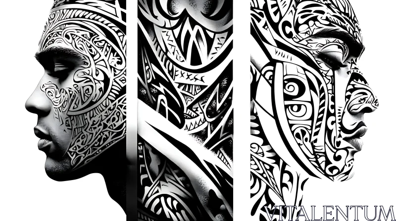 Tribal Tattoo Art Portrait Triptych AI Image