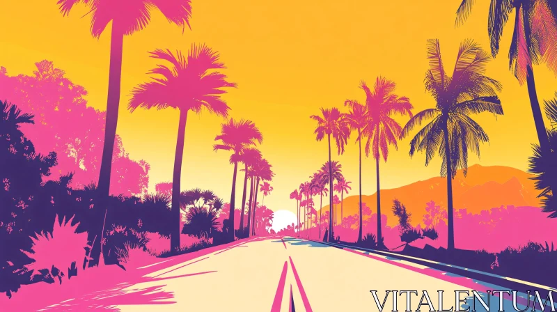 AI ART Colorful Palm Tree Road at Sunset