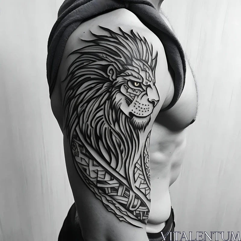 Black and White Lion Tattoo with Geometric Elements AI Image