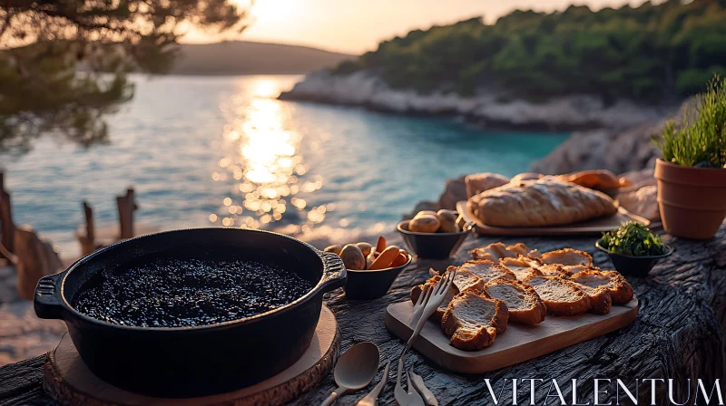 Tranquil Coastal Meal Setup at Sunset AI Image