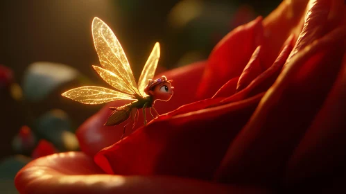 Glowing Winged Insect on Rose