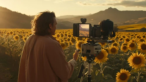 Man Photographing Sunflowers in Field