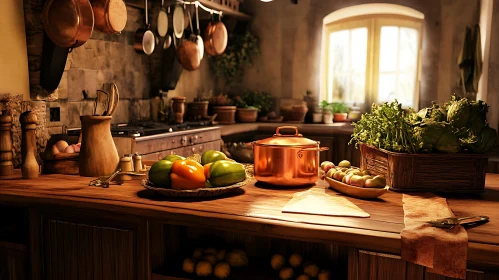 Vintage Kitchen with Copper Cookware and Produce