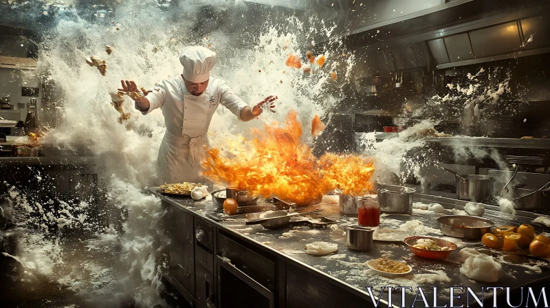 Chef in the Midst of a Kitchen Explosion AI Image