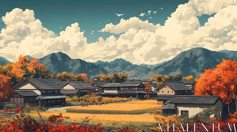 AI ART Scenic Autumn Village in Mountain Valley