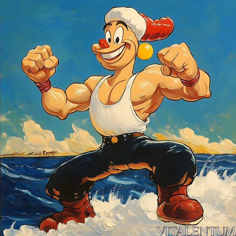 Cheerful Cartoon Character on the Sea AI Image