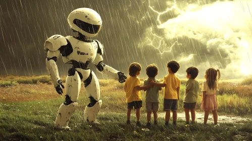 Robot and Children in Rainy Field