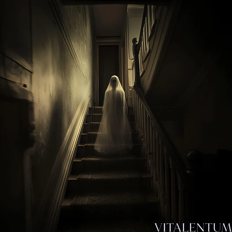 Spectral Ascent: Ghostly Figure on Staircase AI Image