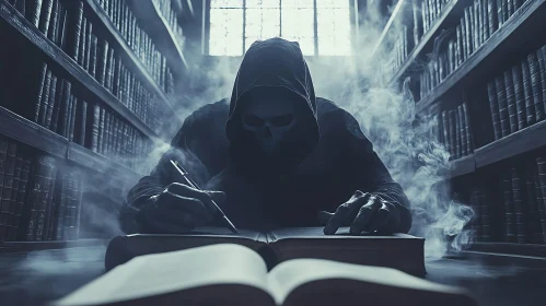 Hooded Figure Writing in Ancient Library