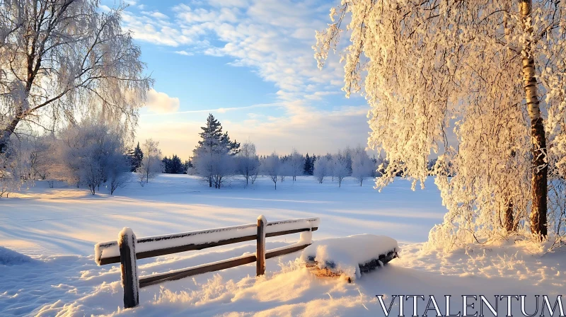 AI ART Tranquil Winter Scene with Fence and Trees