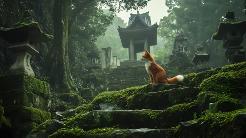 Fox in a Misty Forest Temple