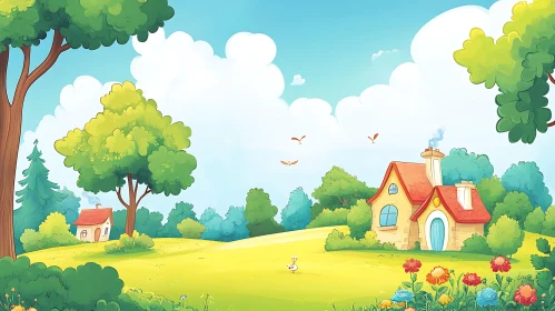 Whimsical Cartoon Houses in Floral Meadow