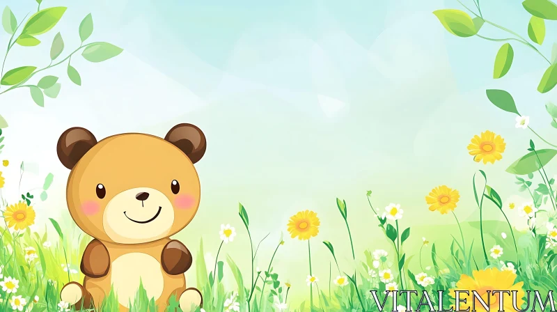 Cartoon Teddy Bear with Flowers AI Image