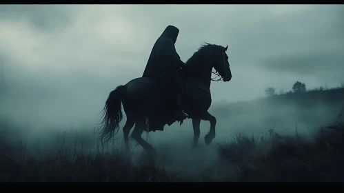 Mysterious Horseman in Foggy Field